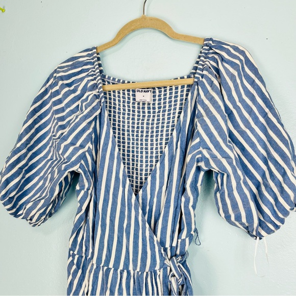 Old Navy Women M Stripe Blue White Midi Wrap Dress Modest Elbow Sleeves Nautical - Picture 4 of 11